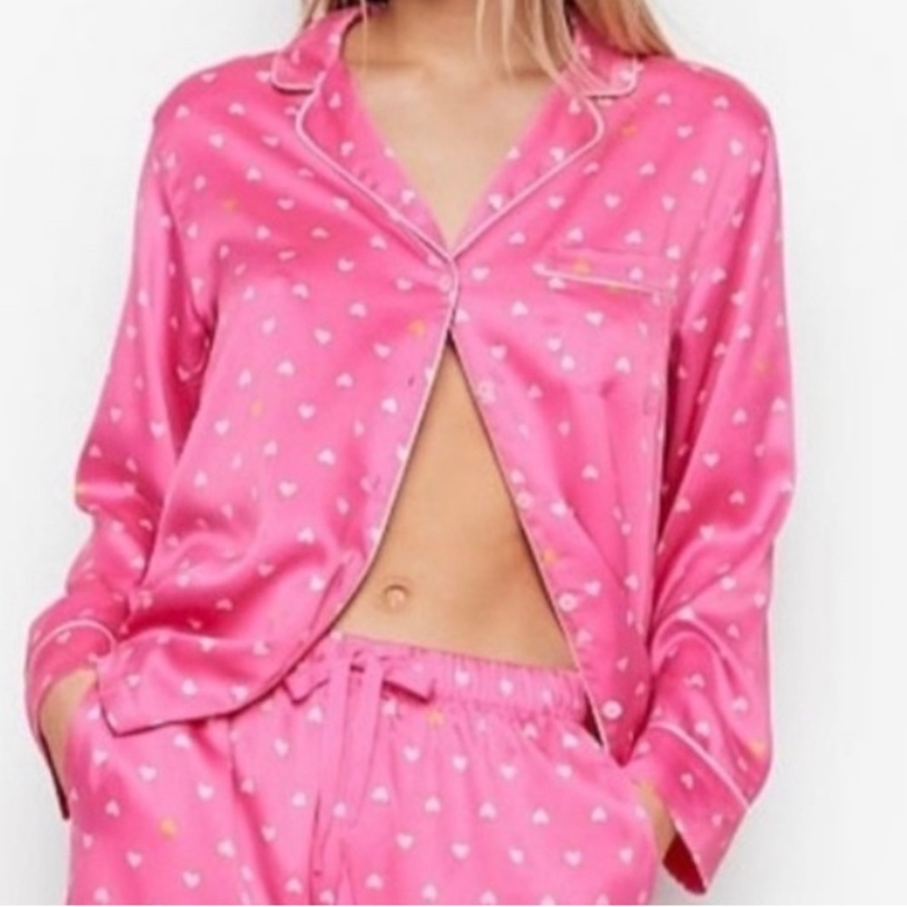 Victoria’s Secret pink satin heart button up pj top